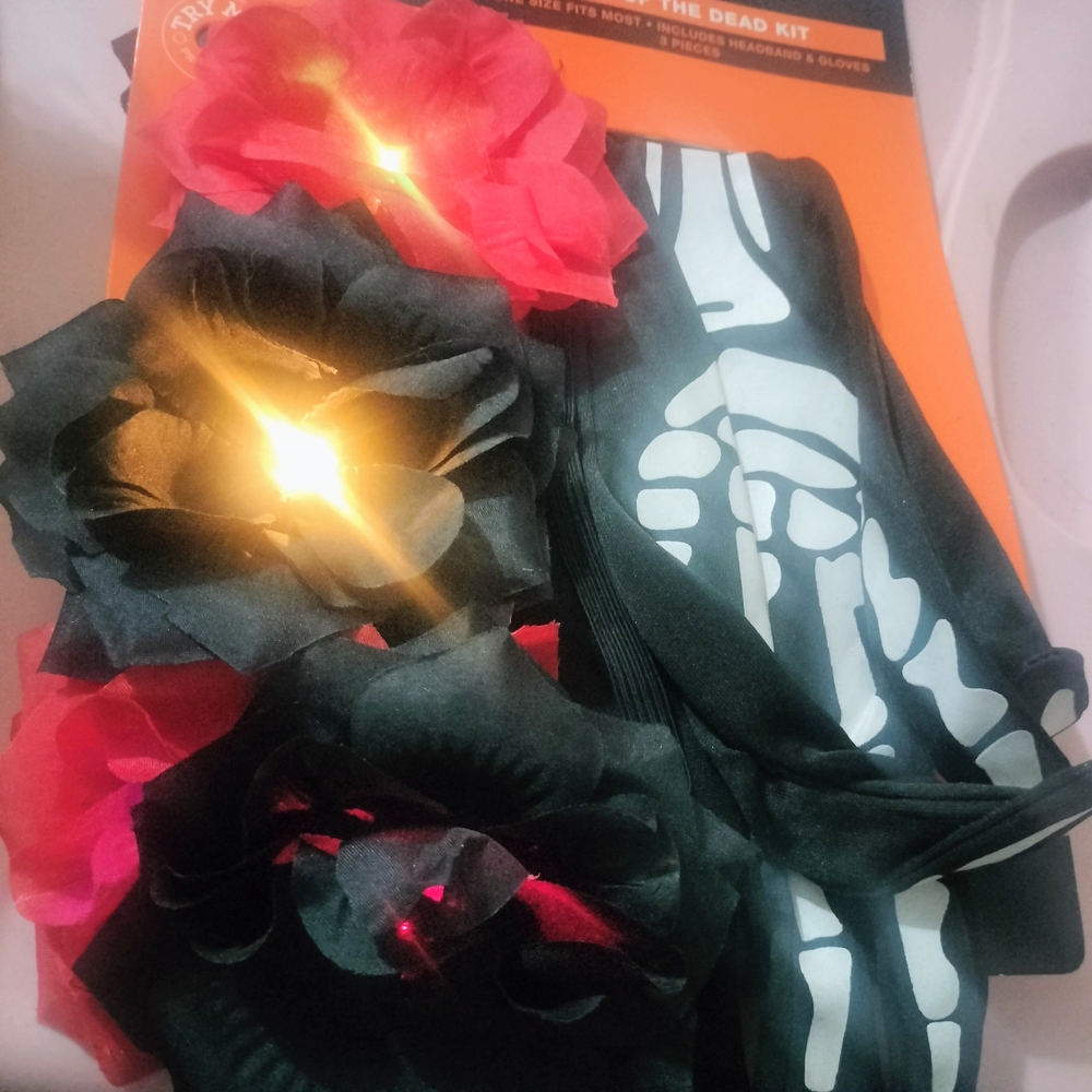 Day Of The Dead Light Up Flower Headband Costume Accessories Set W/ Glow Gloves